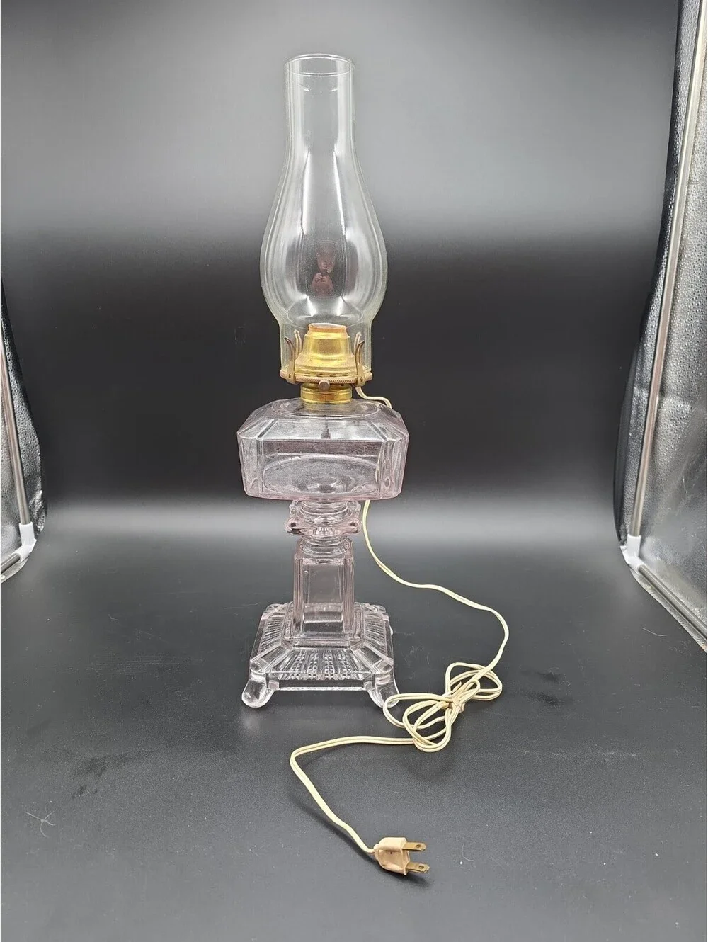 Electrified Ripley & Adams Co Kerosene or Oil Glass Square Lamp Slight Purple